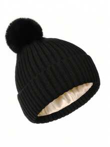 1 件男女通用罗纹缎纹内衬厚针织帽，纯色，保暖翻边滑雪帽，时尚情侣款，秋冬 - 彩色 - 查看 24