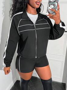 LovelyWholesale Bộ đồ nữ thường ngày gồm áo dài tay cổ ve lật, kẻ sọc bên hông, có khóa kéo và quần short dây rút, thích hợp mặc hàng ngày vào mùa xuân. - màu đen - Xem 1