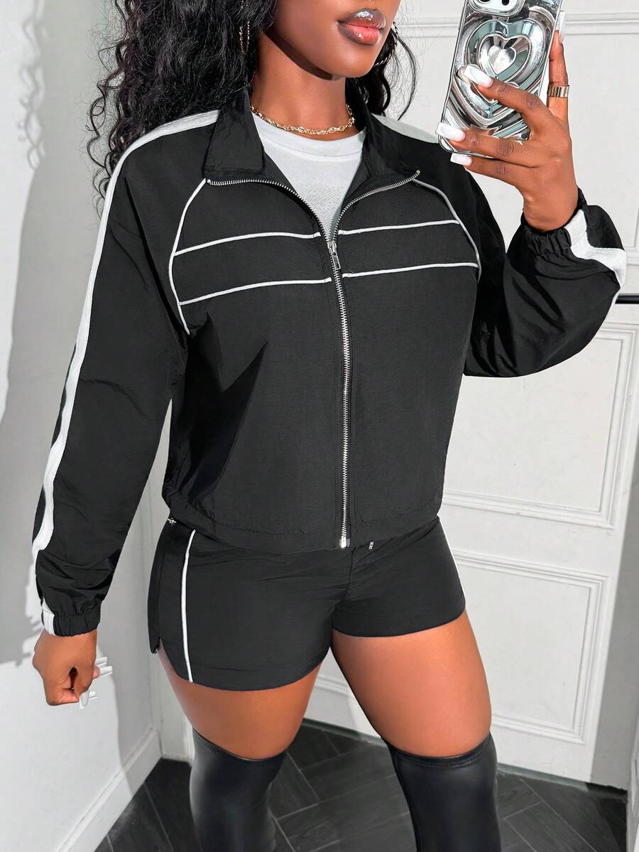 LovelyWholesale Bộ đồ nữ thường ngày gồm áo dài tay cổ ve lật, kẻ sọc bên hông, có khóa kéo và quần short dây rút, thích hợp mặc hàng ngày vào mùa xuân. - màu đen - Xem 1