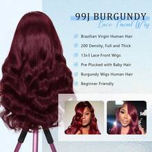 28 Inch 99j Burgundy Lace Front Wigs Human Hair 200% Density Body Wave Frontal Wigs Human Hair 13x4 HD Lace Glueless Wigs Human Hair For Women Wine Red Virgin Human Hair Wig - Burgundy - View 8