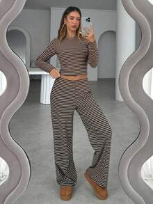 Women's Casual Loungewear Set, Including Striped Crew Neck Long Sleeve T-Shirt And Loose Straight Pants, Suitable For Daily Wear, Autumn/Winter, Back To School Season, Striped 2-Piece Set - Multicolor - View 4