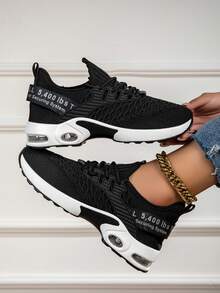 Women's Air Cushion Mesh Breathable Running Shoes, Women's Black Casual Walking Shoes, Women's Black Mesh Breathable Air Cushion Shock Absorbing Sports Shoes, Lightweight Non-Slip Sports Training Shoes Suitable For Gym And Walking, Casual Lightweight Sports Training Shoes