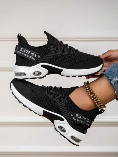 Women's Air Cushion Mesh Breathable Running Shoes, Women's Black Casual Walking Shoes, Women's Black Mesh Breathable Air Cushion Shock Absorbing Sports Shoes, Lightweight Non-Slip Sports Training Shoes Suitable For Gym And Walking, Casual Lightweight Sports Training Shoes