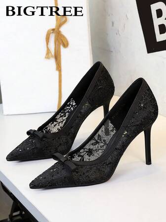 Women's Pointed Toe Lace Mesh Sequin Bow High Heel Pumps, European And American Style Party Dress Shoes