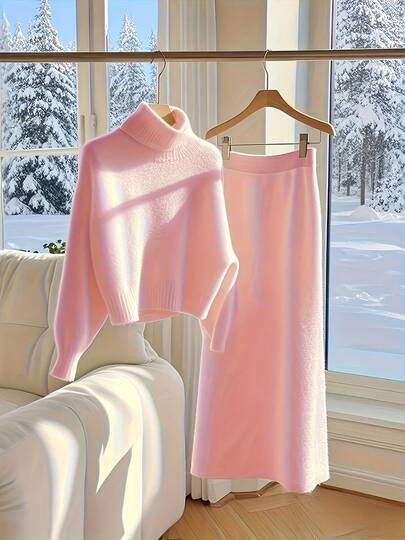 Women's Casual Knit Sweater & Long Skirt Set, High Neck Pullover Sweater And Solid Color Long Skirt, Autumn/Winter