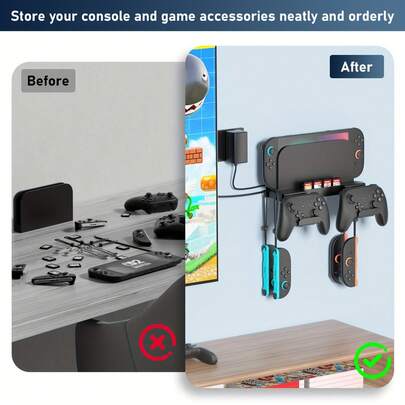 Wall Mount For Switch 2/Switch OLED/Switch Console, Switch 2 TV Dock Storage Rack, Switch 2 Pro Controller Wall Mount With 8 Card Slots And 4 Hooks, Black