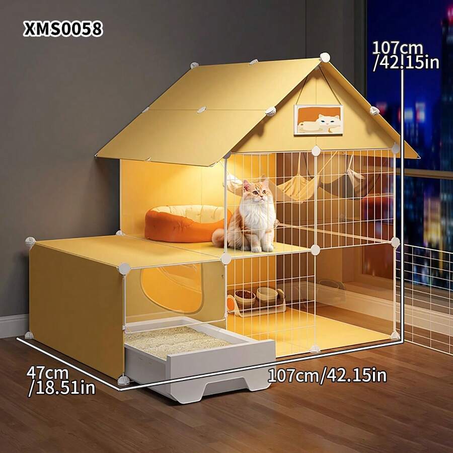 Indoor Cat Cage With Litter Box, 1 Bedroom 1 Bathroom, Drawer-Style All-In-One Cat Villa With Large Space