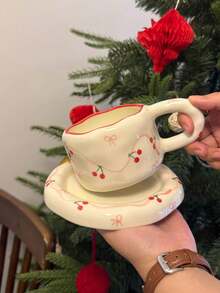 1pc/1set, Handpainted Cherry Ceramic Coffee Cup & Saucer, High-Quality Bowknot Cup & Saucer, French Asymmetrical Red Rimmed Coffee Cup, American Espresso Latte Cup, Dessert Plate, Fruit Plate, Office Mug, Home Water Cup, Breakfast Cup, Gift For Girls - Multicolor - View 10