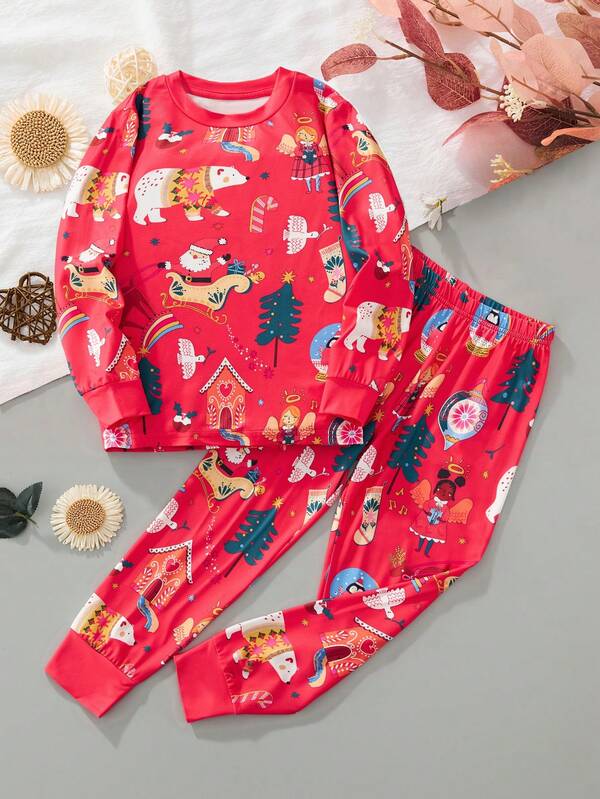 2pcs Kids Christmas Outfit - Long Sleeve T-Shirt, Pants, Cartoon Santa Socks, Christmas Tree Print, Suitable For Outdoor, Party Wear