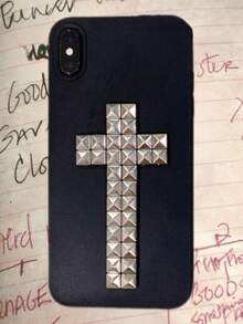 1pc Halloween DIY Punk Rivet Cross Religious Rock Rivet Metal Leather Phone Case, Compatible With Iphone 17 Pro Max 16 15 14 13 12 11 Pro Max Plus, Soft Back Cover - Black - View 2