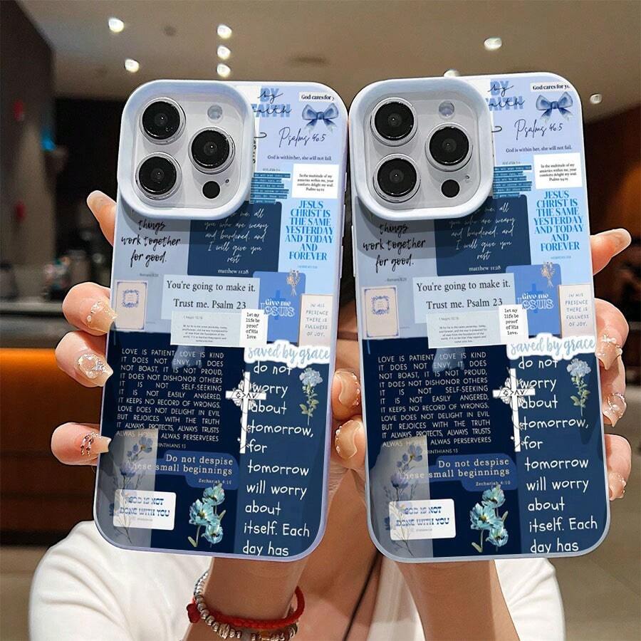 Unisex Phone Case, Stylish & Eye-Catching Christian Scripture Art Pattern Design | Compatible With IPhone 16 Pro | Sweat-Resistant & Non-Slip, Durable & Fade-Resistant - Blue - View 1