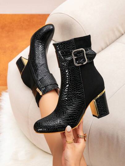 秋冬女士黑色金属扣装饰侧拉链圆头粗跟高跟亮片装饰经典靴，魅力派对闪亮踝靴