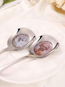 1pc Stainless Steel Flat Head Large Soup Spoon With Cute Cat & Dog Pattern, Household Dining Spoon