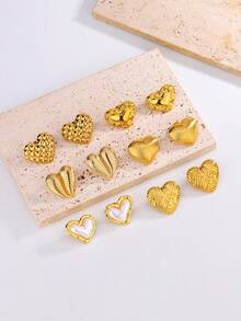 1pair/6pairs Vintage Elegant Plaid Heart Design Stainless Steel Earrings For Women, Minimalist High-End 18K Gold Plated Titanium Steel Jewelry Valentines,Mom,Mother,Mother's Day,Gift