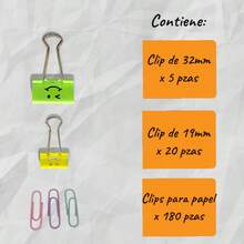 Set de Oficina con 205 Piezas, Contiene: Clip de 32mm * 5 pzas | Clip de 19 mm * 20 pzas | Clips para papel * 180 pzas - Multicolor - Ver 3