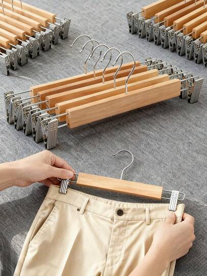 8pcs Luxury Wooden Pant Hangers, Wooden Bottom Clothes Hangers, Jeans Hangers, Skirt Hangers, With 2 Adjustable Clips, 360° Swivel Hook, Suitable For Casual Pants, Jeans, Trousers, Skirts, Shorts, Adjustable Heavy Duty Non-Slip Space Saving Hangers