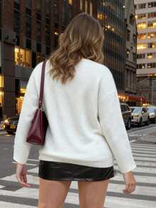 Áo len dệt kim phối màu cỡ lớn dành cho nữ, màu trắng kem và màu be, dáng rộng, cổ chữ V, thích hợp cho mùa thu/đông. - trắng - Xem 10