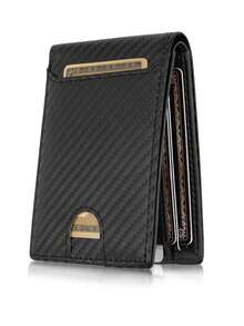 1个男士碳纤维便携钱包，多卡位卡包，RFID防盗刷毛双折卡包，适合青少年夏季休闲户外运动、度假旅行、毕业礼物或生日配饰 - 黑色 - 查看 9