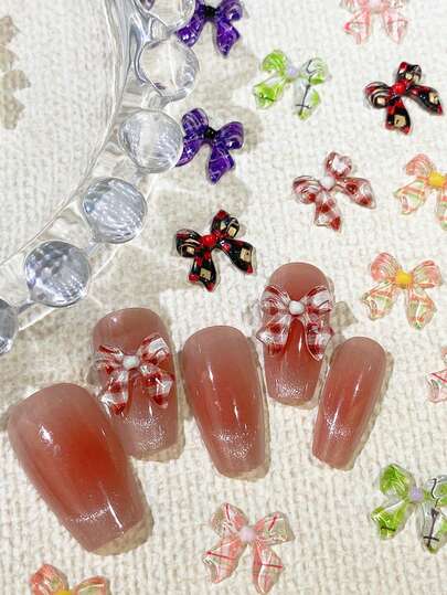 50pcs Printed Cute Bowknot DIY Decorations, 3D Plaid Nail Art Rhinestones Suitable For Clothes, Home Decor, Phone Cases, DIY Crafts, Gifts