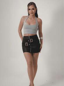 Cropped Feminino Halter em Poliamida – Top Justo, Liso, Confortável e Estiloso - Cinza - Visão 7