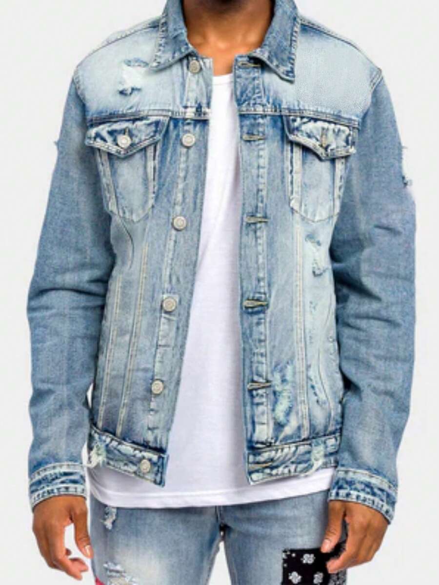 Hip Hop Printed & Embroidered Casual High Street Loose Fit Rock Youth Denim Jacket - Light Wash - View 1