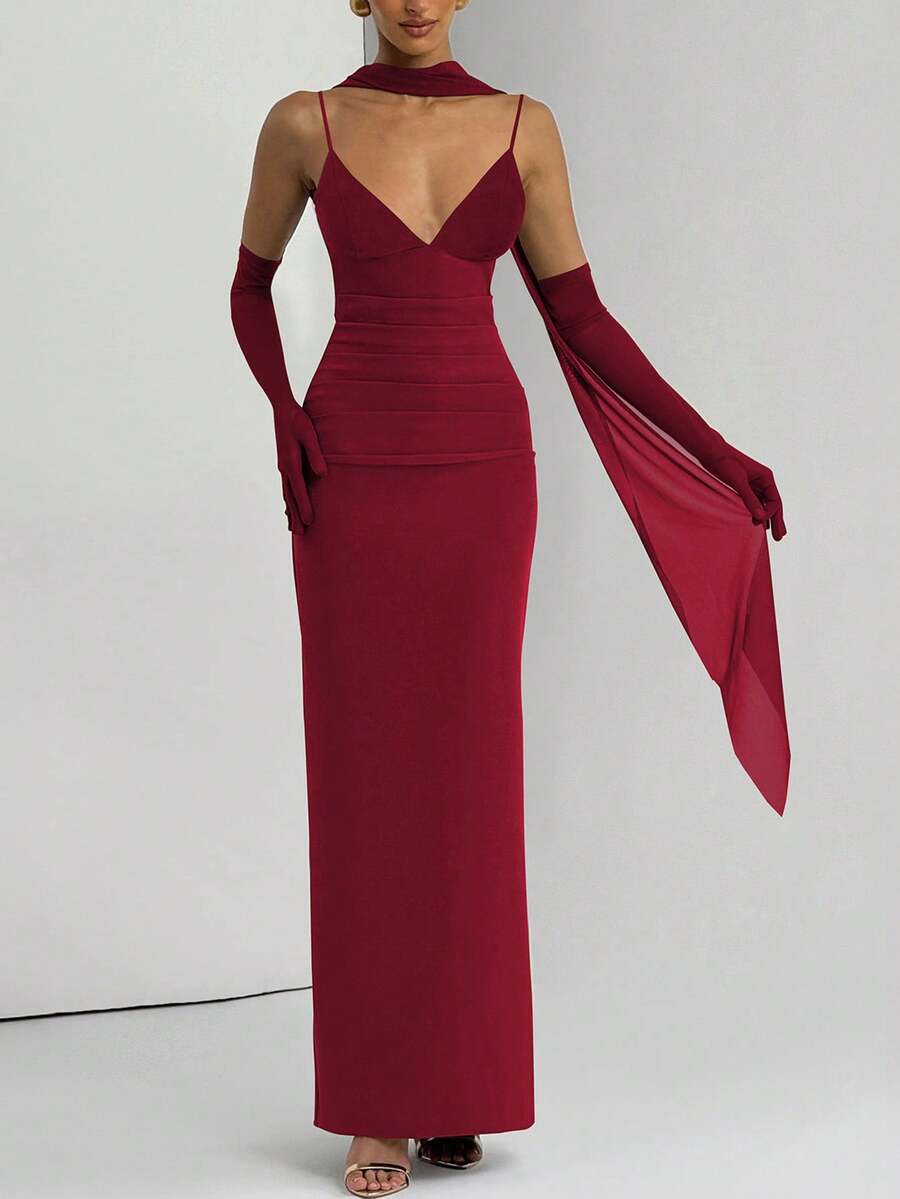 Vestido largo ajustado de mujer con tirantes finos y escote en V, color liso, elegante y sexy, para fiesta, noche y boda - Burdeos - Ver 1