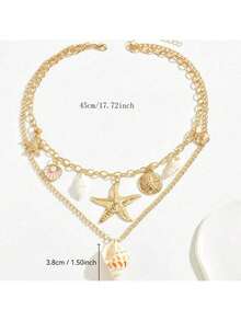 1pc Ocean Style Fish Tail Faux Pearl Tassel Necklace With Beach Starfish Shell Pendant