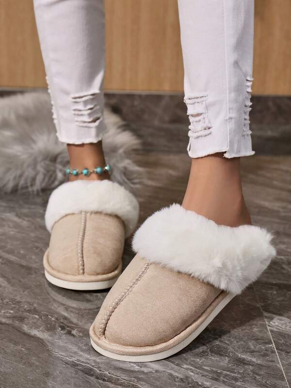 Women's Fashionable Fabric Fluffy Slippers, Indoor Quiet Non-Slip Flat Warm Plush House Slippers For Autumn
