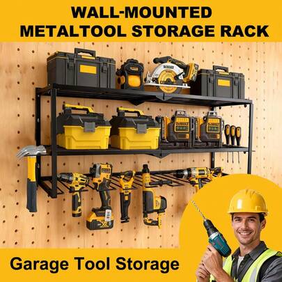 Grand organiseur mural pour outils électriques, 2 niveaux, métal robuste, capacité de charge de 118 kg, support pour outils électriques, rangement pour batterie avec 8 supports de perceuse sans fil, étagère universelle pour garage et atelier