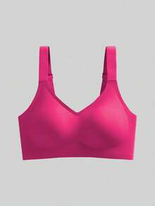 Affordable Plus Size Wire-Free Backless Seamless Bra, Adjustable Strap Thin Sports Bra - Hot Pink - View 4