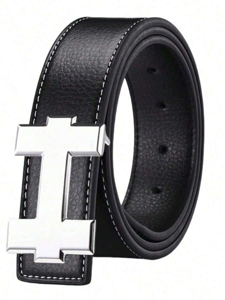 MMJ Finswift Luxury Men's Silver H Letter Smooth Buckle Belt, Fashion Casual Versatile Jeans Belt, Suitable For Work And Daily Wear