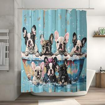 French Bulldog Printed Bathroom Set, Includes Waterproof Polyester Shower Curtain, Woven No-Drill Installation, Hooks For Machine Washing - Versatile Artistic Bathroom Set For All Seasons