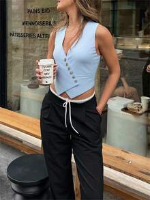 女士纯蓝色休闲优雅通勤不对称前开式西装背心，适合日常外出、通勤、约会、街拍、圣诞节、情人节等场合 - 淺藍色 - 查看 1