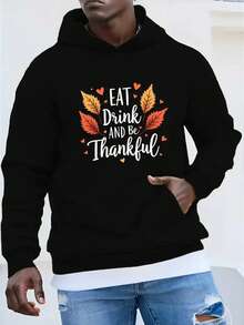 Men's Green Autumn "Eat Drink Be Thankful" Hoodie Sweatshirt - Oversized Loose Fit Hooded Pullover With Turkey & Fall Leaves Print,  Pocket, Machine Washable Casual Winter Wear For Thanksgiving & Fall Outfits,Fall Hoodies,Men's Fall Clothes,Street Wear,Halloween,Mens Hoodies,Y2k Clothes,Jesus Hoodie,Thanksgiving Day,Nightmare Before Christmas,Christmas - 黑色 - 查看 1