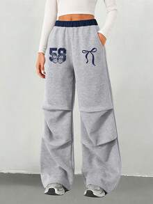 少女加厚长裤，时尚蝴蝶结数字印花设计，休闲阔腿运动裤，户外甜美运动风 - 淺灰色 - 查看 2