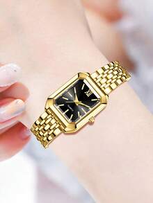 6件套女士金色钢条休闲优雅条形刻度小方表盘石英表手链项链耳环戒指首饰套装，适合日常佩戴装饰或作为节日礼物 - 金色 - 查看 5