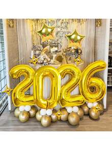 1套32英寸大号2026铝膜气球新年派对装饰背景节日新年情人节生日布置装饰2026庆典装饰 - 彩色 - 查看 10