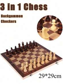 1 Stücke handgefertigter Holz Falt Schach Internationales Set, Mini 24 x 24 cm handgefertigtes Spielbrett zum Verstauen, 3-in-1 Schachbrett Spiel (Schach, Dame, Backgammon), geeignet für erwachsene Anfänger. Die multifunktionalen schwarz-weißen Holzschachfiguren des internationalen Schachspiels können zusammengeklappt werden.