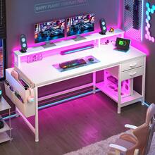 48"W Computer Desk With LED Strip & 2 Drawers & Storage Bag Corner Desk With Power Outlets & Monitor Stand For Bedroom, Gaming Room - Xem 2