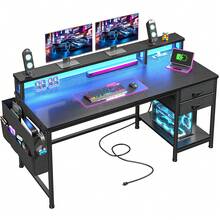 Escritorio de computadora de 48" con tira LED, 2 cajones y bolsa de almacenamiento. Escritorio de esquina con tomas de corriente y soporte para monitor para dormitorio y sala de juegos. - Negro - Ver 10