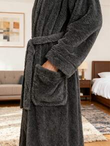 男士长款睡袍，加厚珊瑚绒，韩版，秋冬睡衣 - 深灰色 - 查看 3