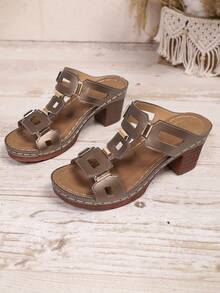 1 par de sandalias de tacón alto de moda retro para mujer, sandalias de tacón alto con decoración de remaches de cuero de PU con estampado geométrico bohemio vintage, adecuadas para bodas, fiestas, vacaciones, verano y otras ocasiones, tacones altos con plataforma para mujer - Café integral - Ver 7