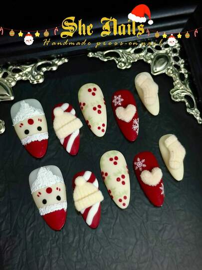 Christmas Nails For Your Choice: 10pcs Glitter White Nails Gold Nails Red Nails Green Nails Christmas Style Almond Medium Long Handmade Acrylic Press On Nails. French Tip Nails Paired With Gold Hand-Painted Snowflake Patterns Gold Metal Nail Surface Paired With Metal Beads, Diamonds, 3D Bows, And Pearl Decorations Best Choice For Chirstmas Day To Wear With Free Gel Sticker Nail File.