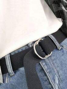 男女通用双环帆布腰带，黑色D形环皮革腰带，带半圆形环和加长帆布袋 - 黑色 - 查看 2