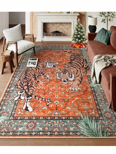 1pc Tiger Pattern Carpet, Bohemian Style Washable Rug, Suitable For Living Room, Vintage Soft Dining Room Carpet, Non-Slip Large Size Carpet For Office, Bedroom, Living Room, Entryway Doormat
