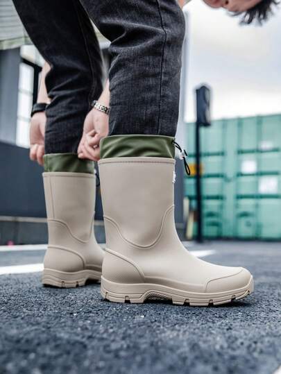 Fashionable Rain Boots, Unisex Drawstring Mid-Calf Delivery Rider Work Boots, Thick Sole, Anti-Slip