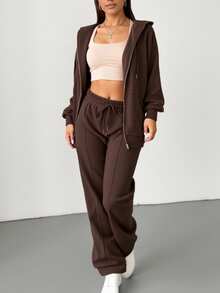 2pcs Solid Color Casual Zip-Up Hoodie Set, Suitable For Beach, Office, Workout, Home, Street, Spring, Autumn, Winter, Graduation, Back To School, Women Teachers, Fall Clothes, Winter Clothes, Halloween Costumes, Saudi National Day Clothes - 棕色 - 查看 6