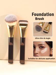 2pcs Makeup Brushes Set, 1pc Ultra-Fine Bristle Brush Designed For Light Makeup Application, 1pc Angled Brush Head For Face Contouring. This Multi-Functional Makeup Tool Is Also A Travel Essential Beauty Item. It Can Be Used As Foundation Brush, Concealer Brush, Blush Brush, Contour Brush, Powder Brush, Etc. - Gold - View 1