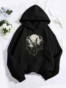 Women's Long Sleeve Hooded Bat Print Pullover Sweatshirt -  Pockets, Fall & Winter Outdoor Wear,Fall Hoodies,Men's Fall Clothes,Street Wear,Halloween,Mens Hoodies,Y2k Clothes,Jesus Hoodie,Thanksgiving Day,Nightmare Before Christmas,Christmas - Black - View 1