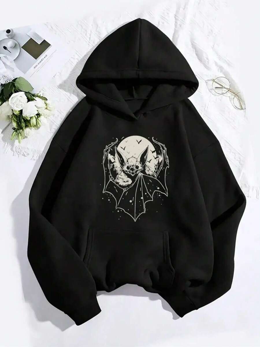 Women's Long Sleeve Hooded Bat Print Pullover Sweatshirt - Pockets, Fall & Winter Outdoor Wear,Fall Hoodies,Men's Fall Clothes,Street Wear,Halloween,Mens Hoodies,Y2k Clothes,Jesus Hoodie,Thanksgiving Day,Nightmare Before Christmas,Christmas - Black - View 1